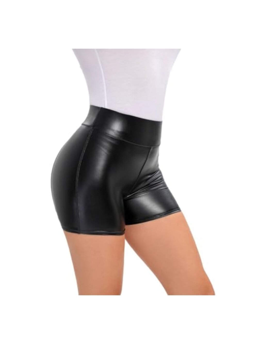 Faux Leather High Waist Booty Shorts Rave Dance Tummy Control Ruched Hot Pants
